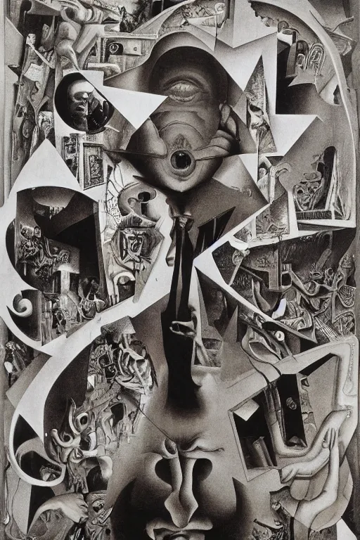 Image similar to dada nihilist discordian surreal collage made of cut up art by mc escher, walt disney, hr giger and beksinski. 8 k resolution. william s burroughs