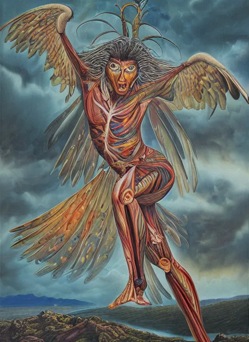 Image similar to an anatomical oil painting of a Harpy from a medical journal by Alex Grey and Julie Bell, highly detailed, high detail, 8k, storm clouds, birds, dramatic lighting