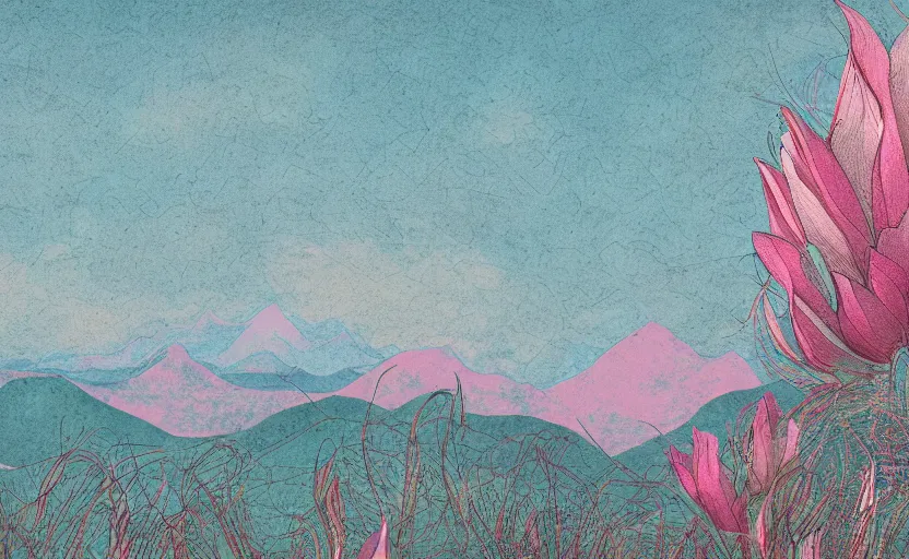 Image similar to one single stand alone huge hyperdetailed minimalist elaborate bloom, seen from the long distance. mountains nearby. maximalist unexpected elements. free sky in plain natural warm tones. 8 x 1 6 k hd mixed media 3 d collage in the style of a childrenbook illustration in pastel tones. matte matte background. no frame hd