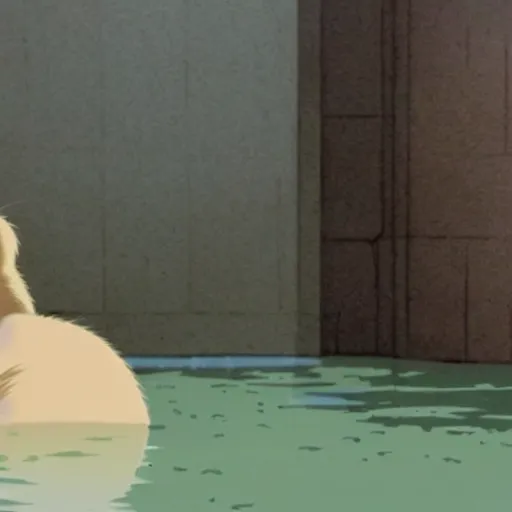 Image similar to the scene of a capybara sitting in a steaming bathtub in the animated movie spirited away by hayao miyazaki, studio ghibli, animated movie, anime, beautiful