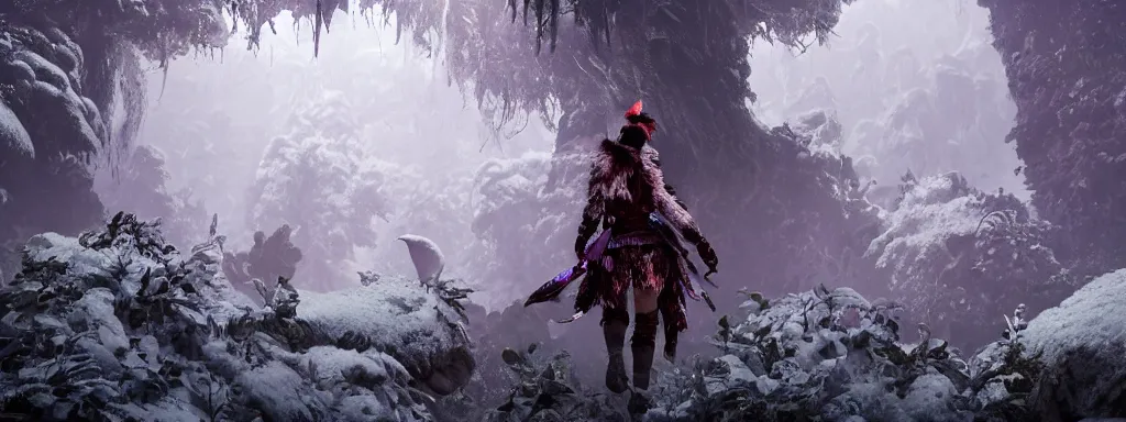 Prompt: explorer woman walking in animal fur armour, walking in a dense alien snow covered frosty jungle, with snow covered colourful red, blue and purple plants, large vines, snow covered arched organic rock structures, in the style of monster hunter world, like concept art on artstation, hyperdetailed, vray render, octane render,