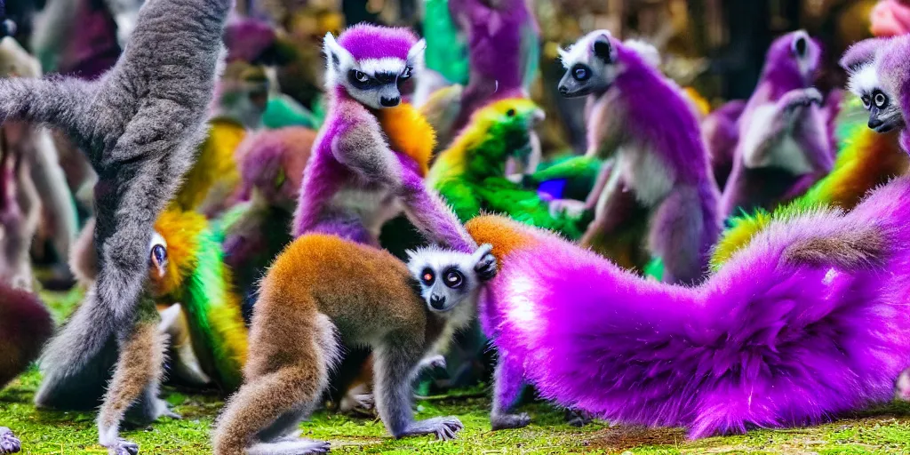 Image similar to a purple lemur dancing in a disco with other colorful lemurs in the background, photography