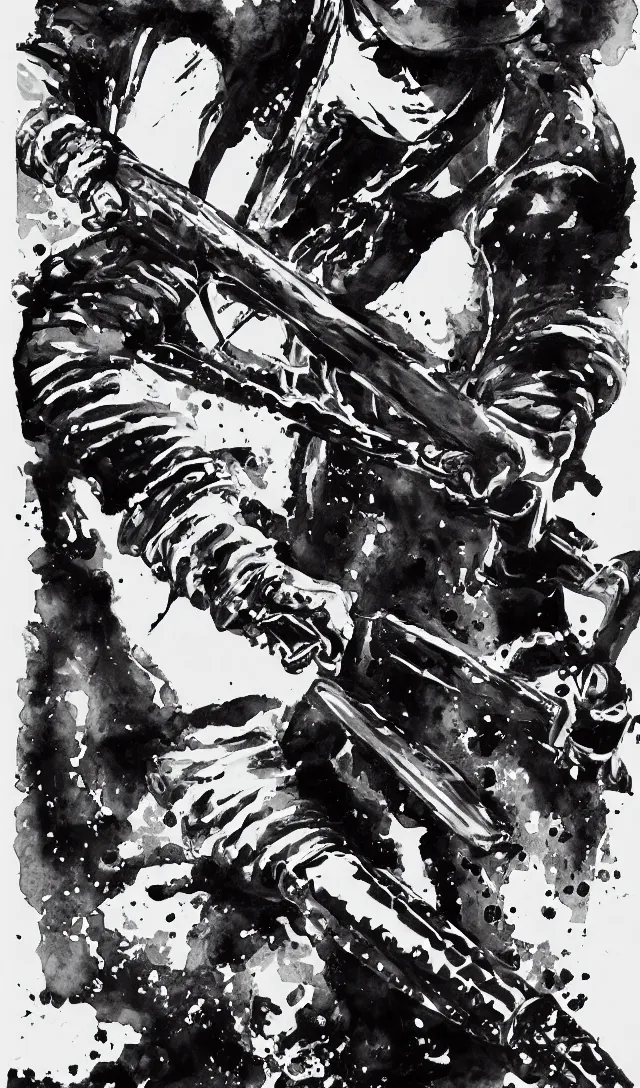 Image similar to sole samurai wielding a chainsaw, black and white watercolor, movie poster