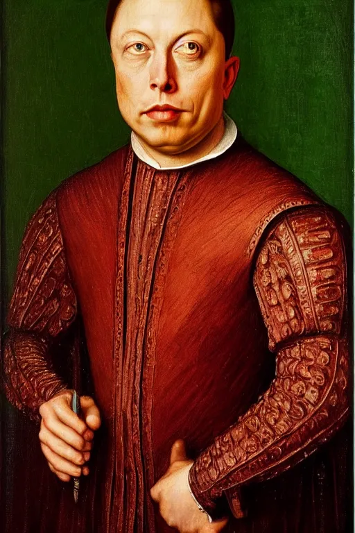 Image similar to renaissance 1 6 0 0 portrait of elon musk, oil painting by jan van eyck, northern renaissance art, oil on canvas, wet - on - wet technique, realistic, expressive emotions, intricate textures, illusionistic detail