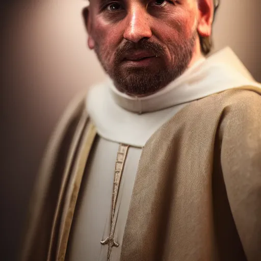 Image similar to stunning beautiful portrait photography of medieval sacred priest from national geographic award winning, dramatic lighting, taken with canon 5d mk4, sigma art lens, medium close up shot