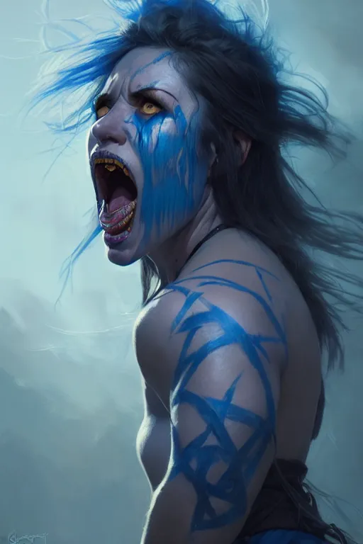 Prompt: portrait of a screaming celtic berserker woman with blue warpaint, medium shot, portrait, concept art, natural lighting, illustration, full color, highly detailed, photorealistic, by greg rutkowski and artgerm, artstation,