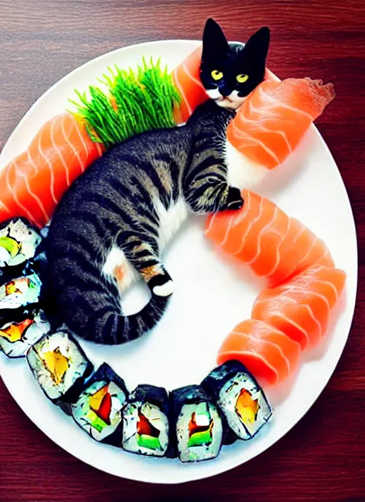 Image similar to clear photorealistic picture of adorable cats made out of sushi