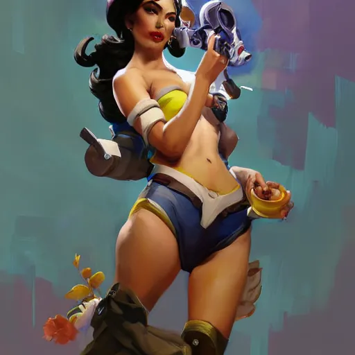 Prompt: greg manchess portrait painting of overwatch's characters as pinup art, medium shot, asymmetrical, profile picture, organic painting, sunny day, matte painting, bold shapes, hard edges, street art, trending on artstation, by huang guangjian and gil elvgren and sachin teng