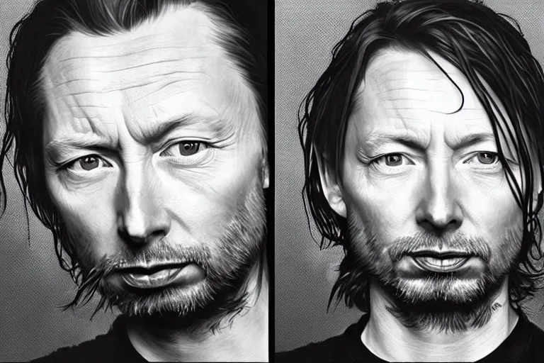 Image similar to hyper realistic portrait of wider faced thom yorke, bigger nose, bigger forehead, bigger chin, on a stage, by lee bermejo, alphonse mucha and greg rutkowski