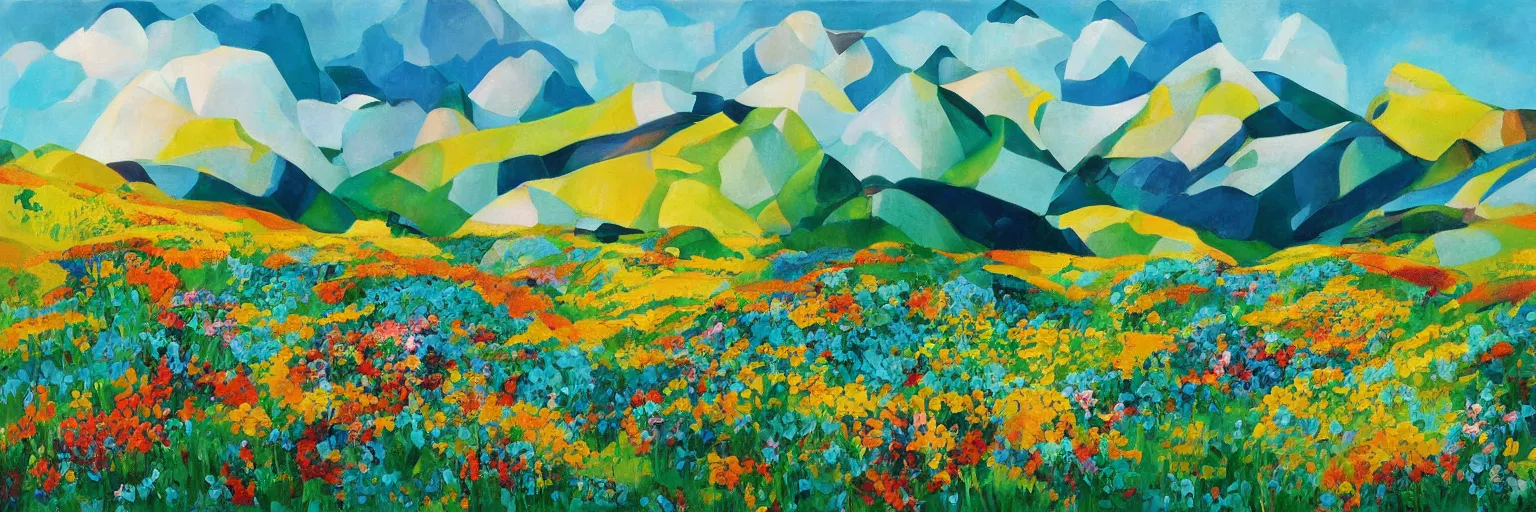 Image similar to mountain landscape in spring!!, flowers, teal landscape, dreamy light, sunny complementary palette, by and jacek yerga and tamara de lempicka and jesse king, pop surrealist, wiccan