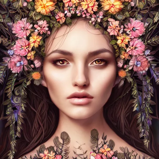 Prompt: a picture of a beautiful woman with a symmetrical detailed face, clothed in flowers and leaves sitting in an enchanted forest, sunset, high fantasy, elegant, epic, detailed, intricate, digital painting, concept art, realistic detailed face, smooth, focus, rim light