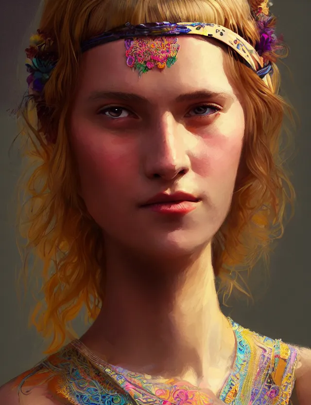 Prompt: portrait of a young woman wearing a boho dress, hippie girl, short blonde hair, groovy hairband, bangs, intricate, smooth, groovy lighting, highly detailed, digital painting, artstation, concept art, smooth, sharp focus, illustration, art by wlop, mars ravelo and greg rutkowski