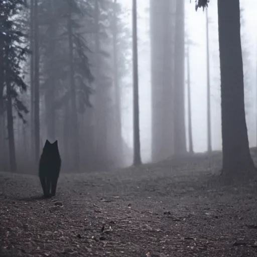 Image similar to a short furry monster with black fur walks out of a misty forest, silhouette, 3 5 mm