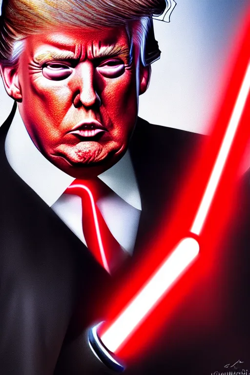 Image similar to Donald Trump as a Sith from Star Wars, red light saber, realistic portrait, symmetrical, highly detailed, digital painting, sharp focus, cinematic lighting