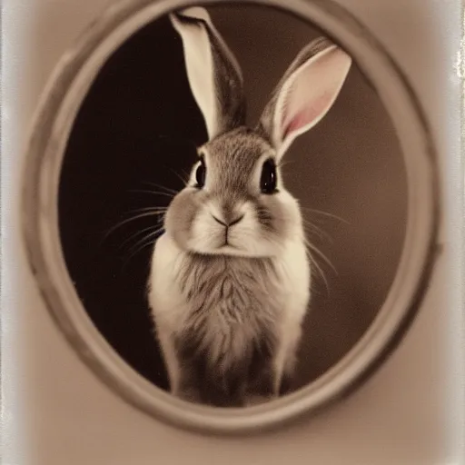 Prompt: a rabbit looking into a mirror, polaroid photograph