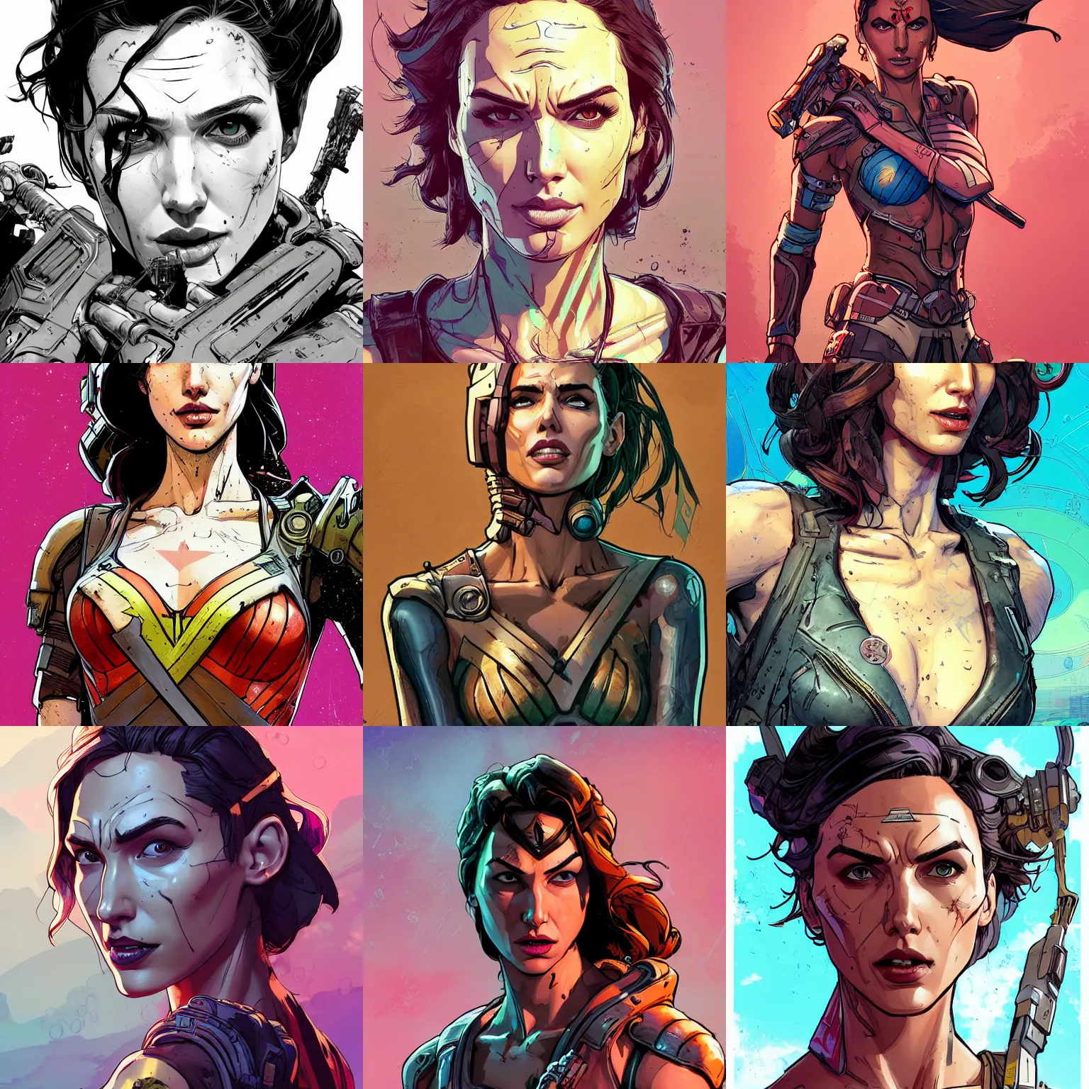 Prompt: a study of cell shaded portrait of gal gadot as Borderlands 3 concept art, llustration, post grunge, concept art by josan gonzales and wlop, by james jean, Victo ngai, David Rubín, Mike Mignola, Laurie Greasley, highly detailed, sharp focus, alien, Trending on Artstation, HQ, deviantart, art by artgem