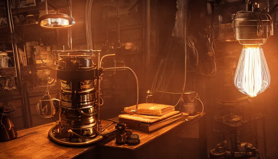 Prompt: a glowing electrical steampunk coffee maker in a victorian museum, james gurney, cinematic lighting, lots of steam and sparks, wires made of copper, artstation, vibrant nature, tuomas korpi, tekkon kinreet, volumetric light, artstation,, octane render, redshift render, low angle camera, rich deep moody colors