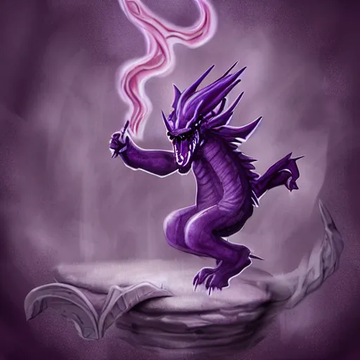 Prompt: purple dragon tames a gnome, happy fantasy illustration