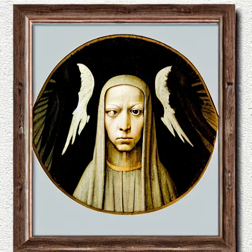 Prompt: realistic medieval painting portrait of white angel with clean narrow face like noface, 3 / 4, miracle light coming up from the head up and up, misty space, grace and blessing, sfumato effect by hieronymus bosch, by leonardo da vinci, renaissance, christianity, only white colors, white background