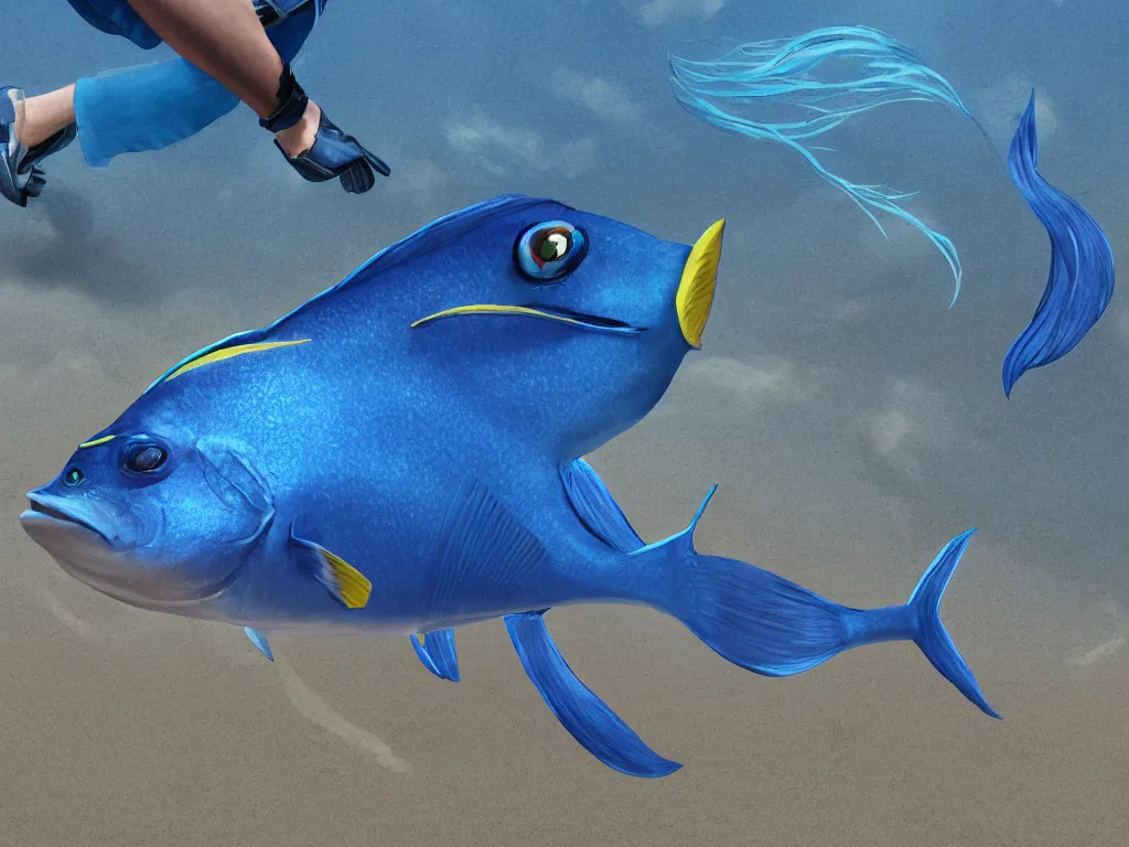 Image similar to A blue tang fish with human legs and feet chasing after a human on the beach, high detail, trending on artstation