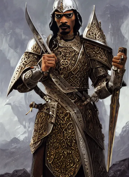 Image similar to snoop dogg as a paladin, short beard, grumpy, intricate plate armor, Ivan Aivakovsky, Boris Vallejo, epic fantasy character art, D&D Concept Art, full length, Realistic, Regal, Refined, Detailed Digital Art, Oil Paining, Exquisite detail, post-processing, masterpiece, Cinematic Lighting, Unreal Engine, 8k, HD, Stanley Artgerm Lau, WLOP, Rossdraws, Frank Frazetta, Andrei Riabovitchev, Marc Simonetti, trending on artstation,