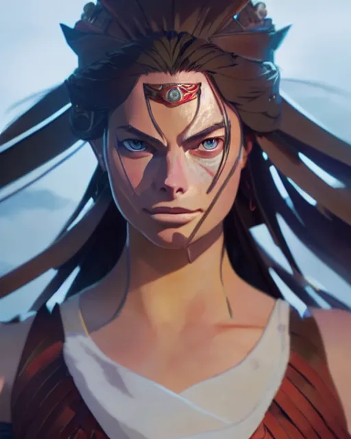 Image similar to azctec warrior, margot robbie, detailed perfect face, exquisite details, fire magic, mid view, design on a white background, by studio muti, greg rutkowski makoto shinkai takashi takeuchi studio ghibli