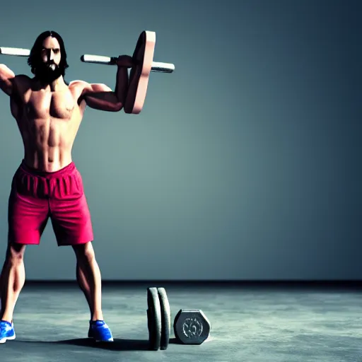 Prompt: Jesus lifting weights in gym, photorealistic, 4K