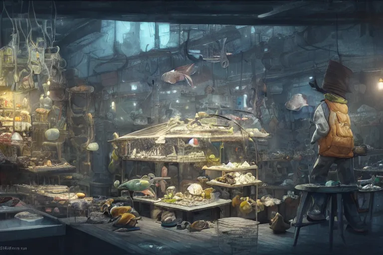 Prompt: fish store. a human shopkeeper. alien fishes. by jean - baptiste monge, high quality, high resolution, 4 k, painted by cgsociety, rutkowski, gurney with ambient lighting, concept art, detailed, smooth, dynamic volumetric cinematic lighting, octane, raytrace