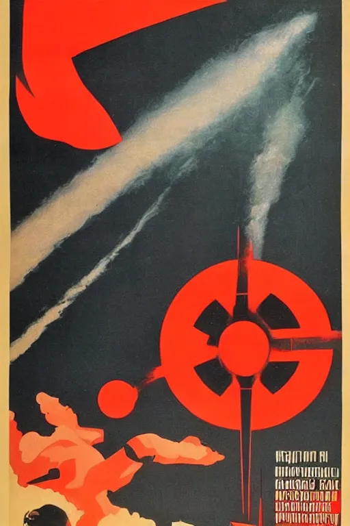 Image similar to ussr propaganda poster of 1 9 5 0 s nuclear war, futuristic design, dark, washed out color, centered, art deco, 1 9 5 0's futuristic, glowing highlights, intense