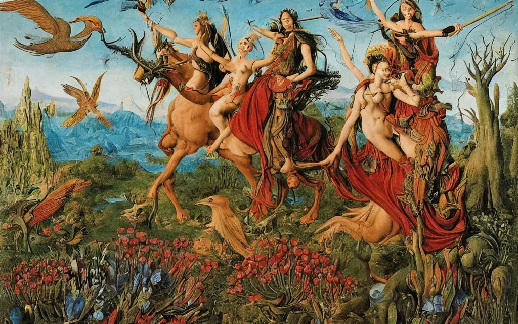 Image similar to a portrait photograph of a meditating harpy and a centaur king riding eagles and hunting at a river delta. surrounded by bulbous flowers and trees. mountain range under a blue sky of fiery stars. by jan van eyck, max ernst, ernst haeckel, ernst fuchs and artgerm, artstation, daily deviation, 8 k