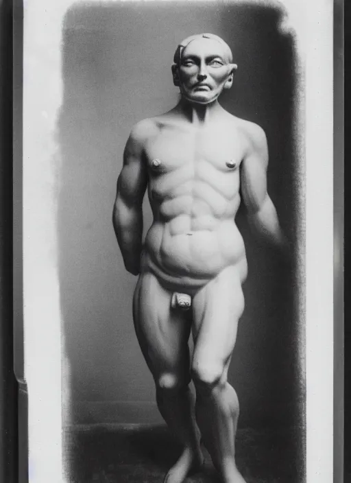 Image similar to an android with an adult male human looking face is the thinker by auguste rodin, polaroid, flash photography, photo taken in a back storage room where you can see empty shelves in the background,