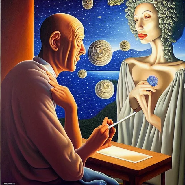 Prompt: an oil on canvas portrait of a man painting a portrait of a beautiful woman, surrealism, surrealist, lovecraftian, cosmic horror, rob gonsalves, high detail