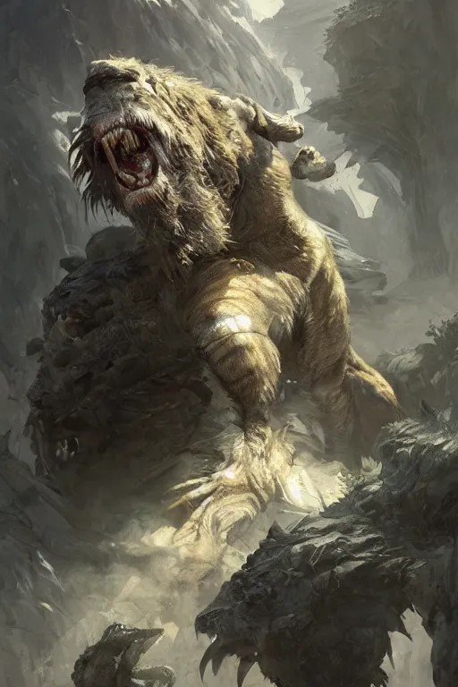 Prompt: prehistoric sabretooth, Leonardo, marvel, dark, intricate, highly detailed, smooth, artstation, digital illustration by Ruan Jia and Mandy Jurgens and Artgerm and Wayne Barlowe and Greg Rutkowski and Zdislav Beksinski