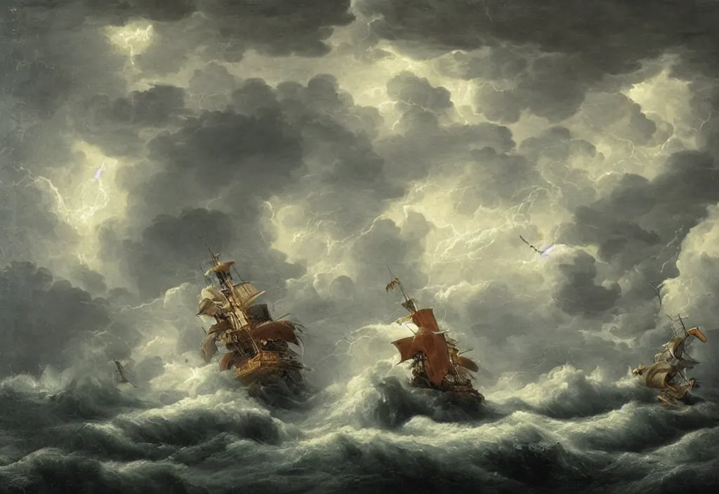 Prompt: baroque ship fighting a sea beast, in a thunderstorm, heavy lightning, massive waves, night, oil painting, highly detailed, realistic lighting