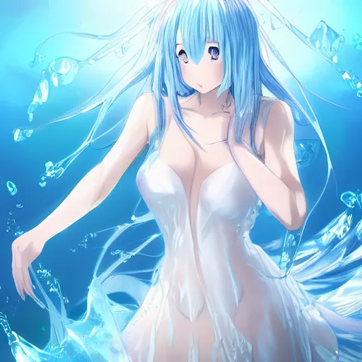 Prompt: a very beautiful anime girl wearing a dress made of water standing in a crystal lake , full body, long white hair with azure blue highlights blending into the dress , azure blue watery eyes, full round face, in a bath, seductive over the shoulder glances , lens flare, cinematic lighting, medium shot, mid-shot, highly realistically detailed, trending on pixiv , Unreal Engine 4k, Stanley Artgerm Lau, WLOP, Rossdraws, James Jean, Andrei Riabovitchev, Marc Simonetti, and Sakimichan