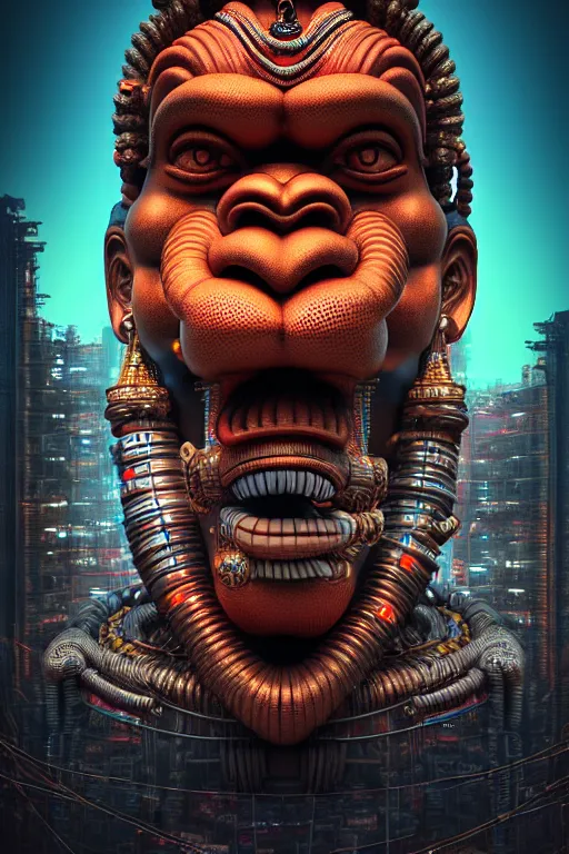 Prompt: high quality 3 d render post - rococo cyberpunk hanuman! head building, neon madhubani, open mouth, highly detailed, in sci - fi mumbai, cinematic smooth unreal engine, lee madgwick & liam wong, dramatic light, low angle, uhd 8 k, sharp focus