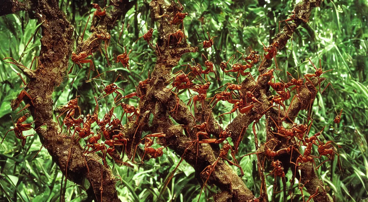 Prompt: an incredible intricate surrealist monster of the mix of human and ants in the jungle, by the best photographer of national geographic, scientific photo, hight quality, realistic light, kodachrome 6 4, hiperdetailed