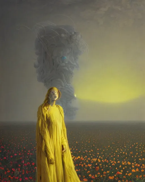 Prompt: A portrait of a woman wearing clothes made out of dying flowers, nuclear explosion in the background, Masterpiece, yellow skin, glowing, wires everywhere, by Edgar Maxence and Ross Tran, Zdzisław Beksiński, and Michael Whelan, distant, gustav dore, H.R. Giger, 8k, octane render