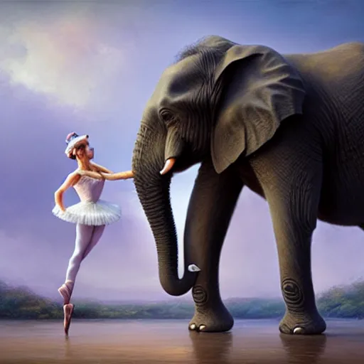 Prompt: an elephant is wearing a tutu next to a ballet dancer, greg rutkowski