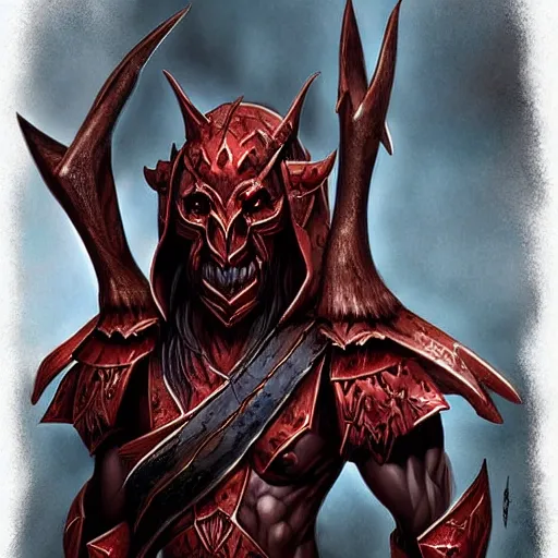 Prompt: “dnd dark elf, by paul bonner, red eyes, dark armor”