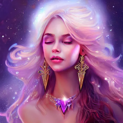 Prompt: happy girl with crystals fantasy _ dramatic _ intricate _ elegant _ highly _ detailed _ digital _ painting _ artstation _ concept _ art _ smooth _ sharp _ focus _ illustration