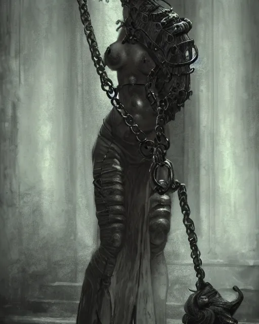 Image similar to female chained in a dungeon clothed, accurate details, dramatic, intricate, elegant, highly detailed, digital painting, artstation, concept art, sharp focus, illustration, art by Gustave Dore, octane render