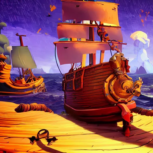 Image similar to sea of thieves scene with a hedgehog on a pirate ship, digital art, epic lighting, game screenshot, painted by vincent van gogh