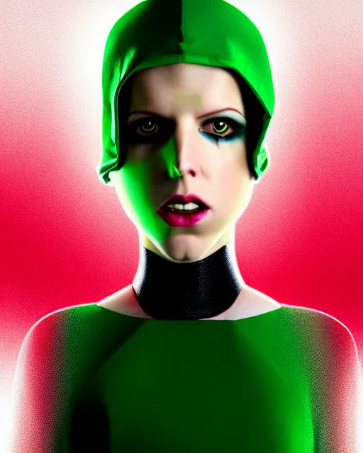 Image similar to Flore Maquin art, cinematics lighting, beautiful Anna Kendrick supervillain, green dress with a black hood, angry, symmetrical face, Symmetrical eyes, full body, flying in the air over city, night time, red mood in background