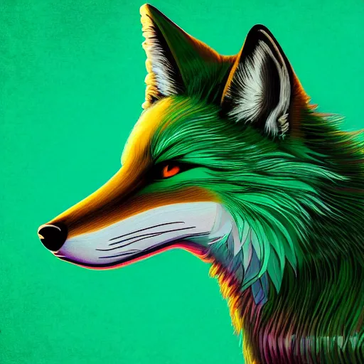 Prompt: digital dark green fox, retrowave palette, digital world, highly detailed, electric breeze, anatomically correct vulpine, synth feel, fluffy face, ear floof, flowing fur, super realism, accurate animal imagery, 4 k digital art