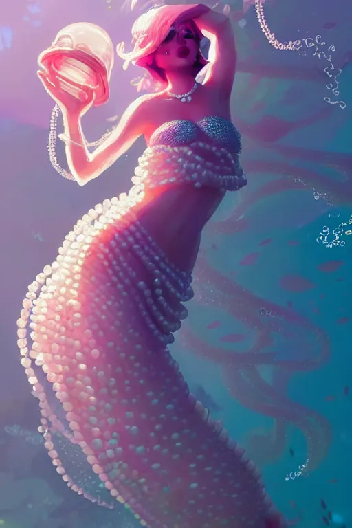 Image similar to a beautiful queen of ocean in the middle of coral reefs, pearl crystal jewelry, complex and shiny dress inspired by jellyfish, by ross tran and atey ghailan, by greg rutkowski, by greg tocchini, by james gilleard, by joe fenton, by kaethe butcher, dynamic lighting, grunge aesthetic