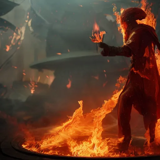 Image similar to novice sorcerer summons a cataclysmic conflagration of fire, epic, cinematic, octane render, extremely detailed, fantasy, 8 k