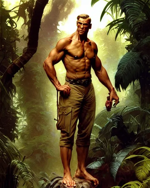 Image similar to doc savage in the jungle, fantasy character portrait, ultra realistic, concept art, intricate details, highly detailed by frank frazetta greg rutkowski, gaston bussiere, craig mullins, simon bisley ruan jia and mandy jurgens and artgerm and william - adolphe bouguereau and frank frazetta