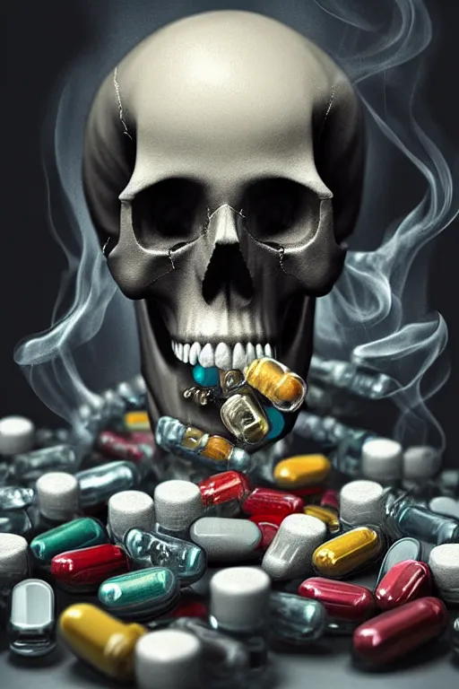 Prompt: pile Off pills and a skull on the table, skull made out of smoke coming out of pills, fantasy, intricate, elegant, highly detailed, digital painting, artstation, concept art, addiction, chains, smooth, sharp focus, illustration, art by Ilja Repin