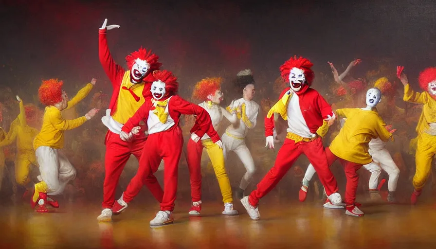 Image similar to highly detailed painting of a group of ronald mcdonalds with red afros, white facepaint, red noses and yellow tracksuits dancing on stage at a school talent show by william turner, by greg rutkowski, by william constable, thick brush strokes and visible paint layers, 4 k resolution